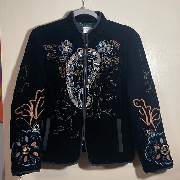 Harve Benard Black Embroidered Velvet Jacket Blazer Size 12p - Picture 1 of 9